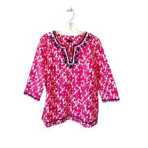 Talbots Tunic Lobster Cotton Blouse Pink White Blue Size Large Petite